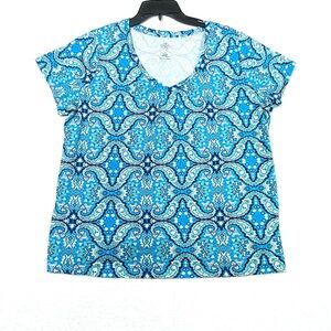 St. John's Bay Paisley Boho T-Shirt Women's 1X Blue V-Neck Short Sleeve Casual